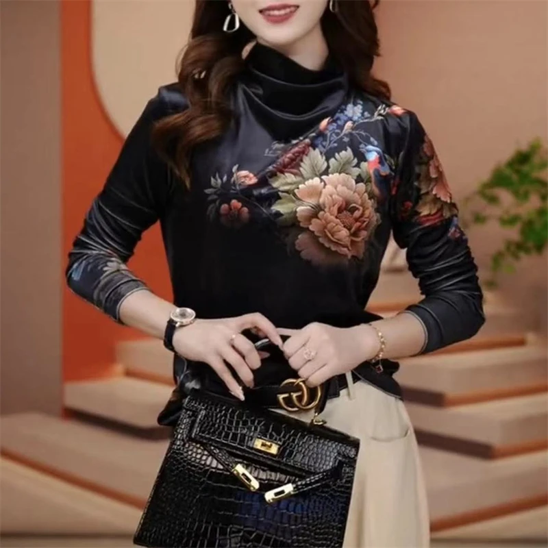 Top Trends: Women Clothing Autumn Winter Vintage Floral Print Luxury Velvet Elegant Basic T Shirt Fashion Half High Collar Long Sleeve Tops Shoppable Styles - Image 3