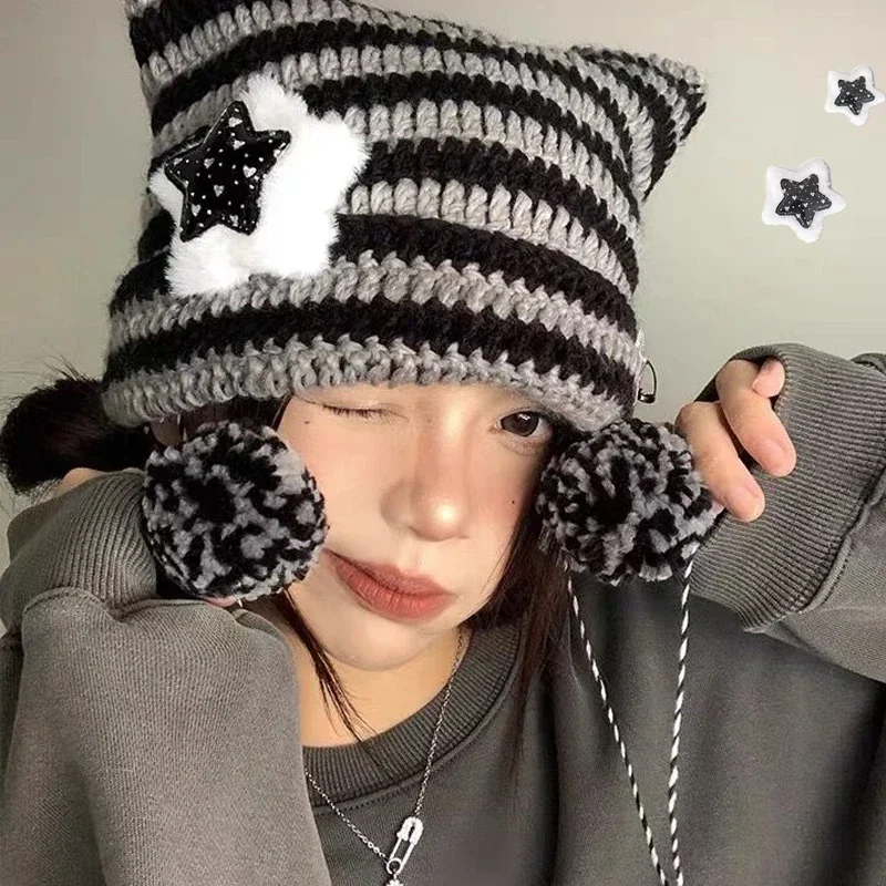 Top Trends: Little Devil Knitted Beanie Hat Women Punk Girls Y2K Star Skullies Striped Wool Cap Sweet Cat Ears Warmer Bonnet Streetwear Shoppable Styles