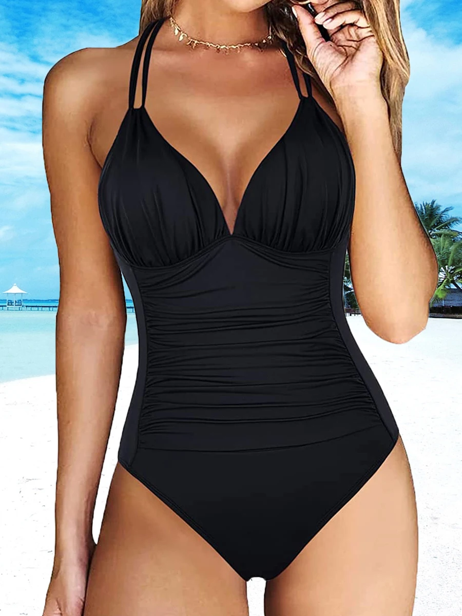 Top Trends: Halter Solid Ruched Swimsuit One Piece Monokini Swimwear Women Backless Bathers Bathing Suit Female Padded Beachwear Bodysuit Shoppable Styles