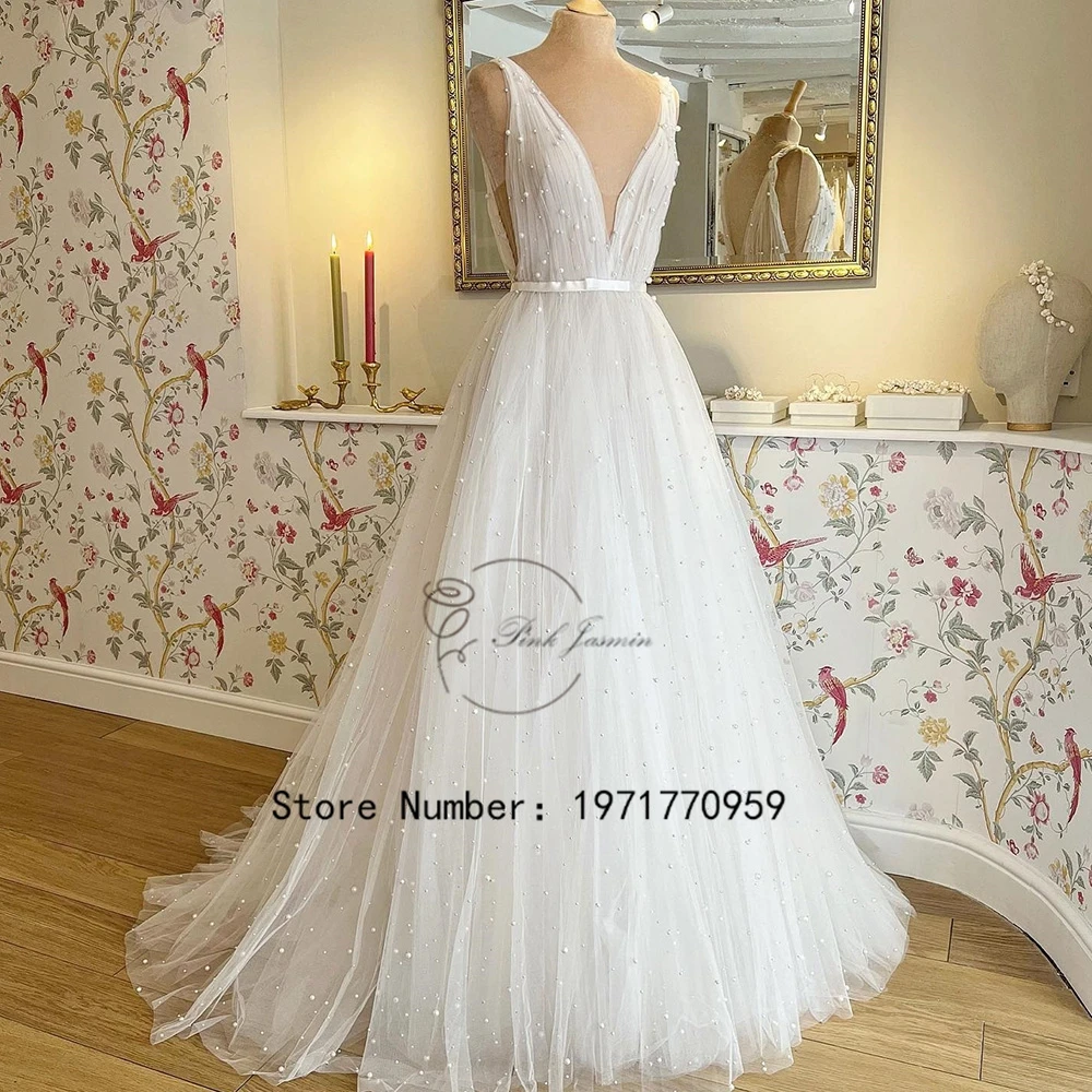 Top Trends: Princess Simple Deep V Neck White Wedding Dresses For Women 2023 New Summer A Line Lace Court Train Bridal Gowns With Soft Tulle Shoppable Styles