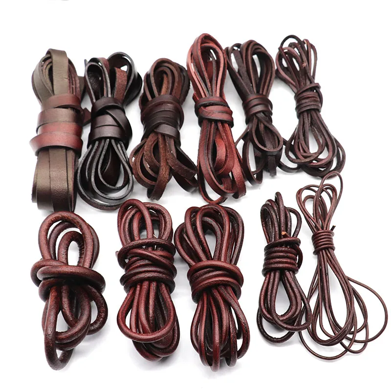 Top Trends: 1 / 2m / lot Width 2 / 3 / 4 / 5mm Vintage Genuine Leather Cords Round Flat Leather Cord For DIY Leather Bracelet Jewelry Making Findings Shoppable Styles