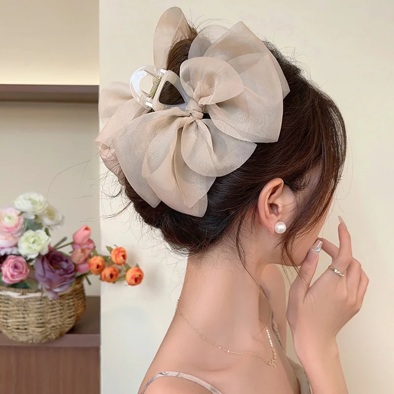 Top Trends: 13CM Woman Large Two-sided Gauze Bowknot Hair Claws Lady Solid Color Hairpins Barrettes Gilrs SGilrs Hair Clips Hair Accessories Shoppable Styles