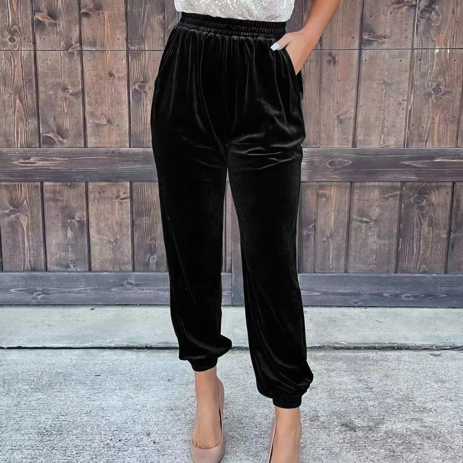 Top Trends: Womens Velvet Velour Joggers Soft Stretch Warm Sweatpants Elastic Waist Straight Pants With Pockets Oversize Loose Trousers Pant Shoppable Styles