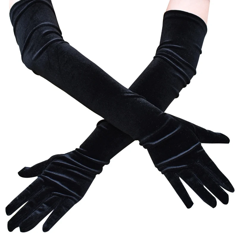 Top Trends: 1pair Fashion Black Classic Adult Velvet Opera / Elbow Stretch Finger Long Gloves Arm Warm Women Evening Dress Etiquette Gloves Shoppable Styles