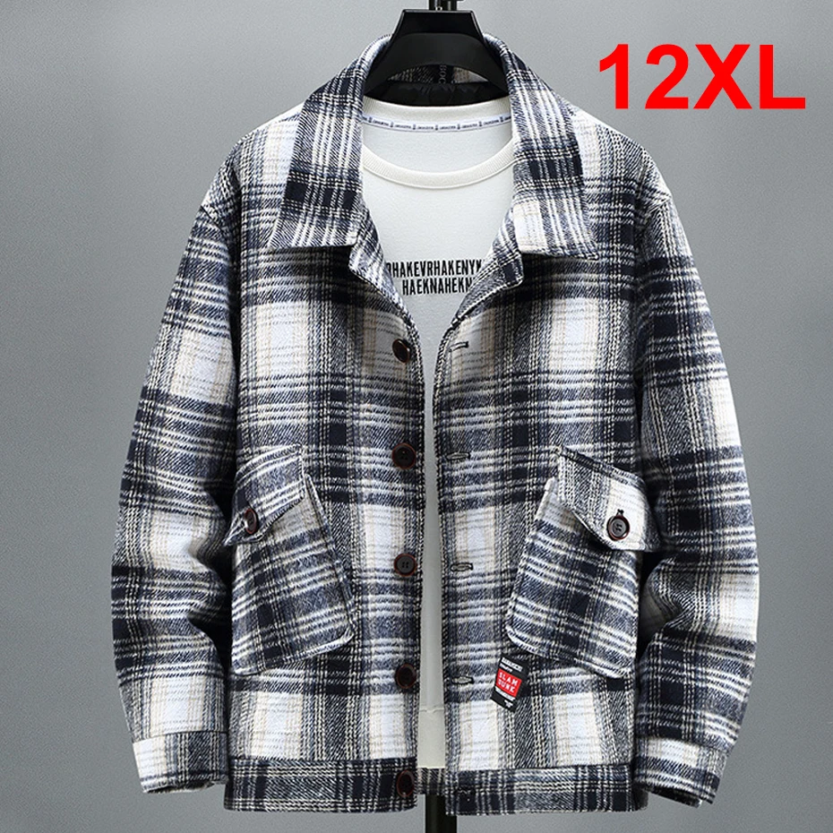 Top Trends: Fashion Streetwear Plaid Jacket Men Plus Size 11XL 12XL Woolen Jacket Spring Autumn Plaid Coat Male Big Size 11XL 12XL Shoppable Styles