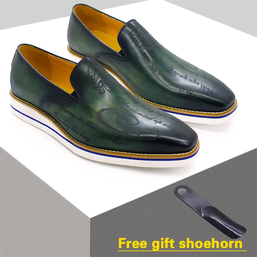 Top Trends: Fashion Men&#039;s Casual Shoes Genuine Leather Handmade Green Comfortable Flat Loafers Laser Pattern Men&#039;s Banquet Leather Shoes Shoppable Styles