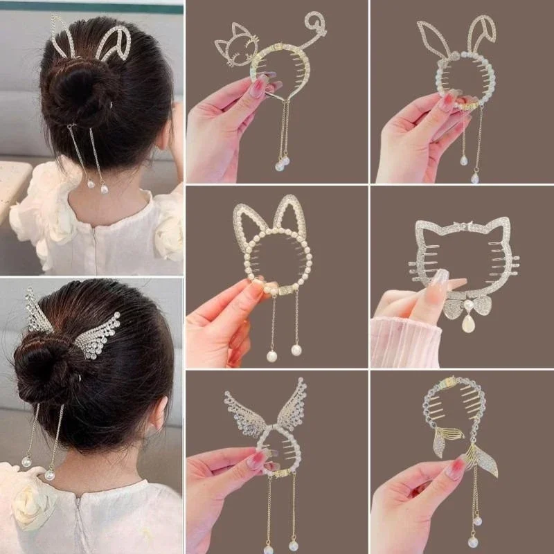 Top Trends: Fashion Pearl Rhinestone Grip Hair Clip Women Ponytail Buckle Cute Cat Bunny Hair Accessories For Girls Women Headwear Gift 2023 Shoppable Styles