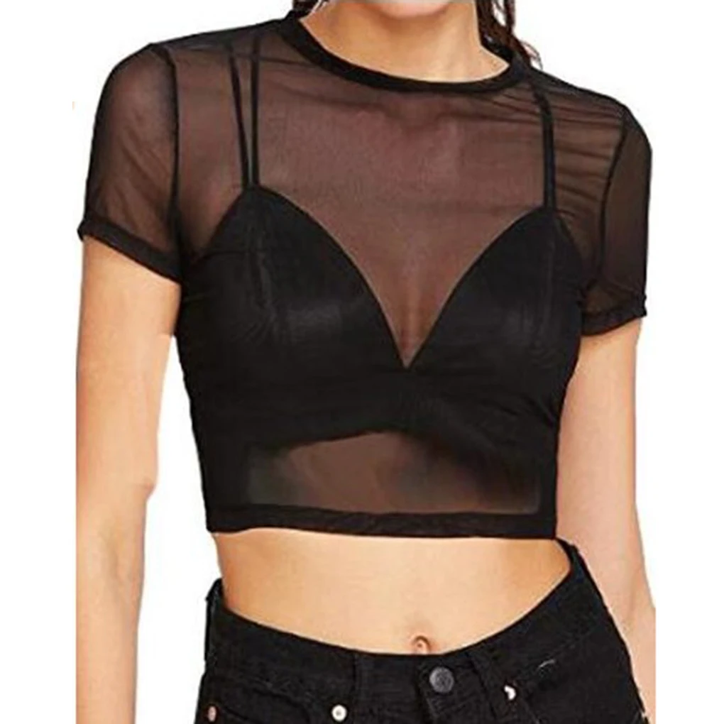 Top Trends: Sexy Black Women Short Sleeve Sheer Mesh Top T Shirts Streetwear Tees Slim See-through Transparent Crop Tops Club Wear Fashion Shoppable Styles