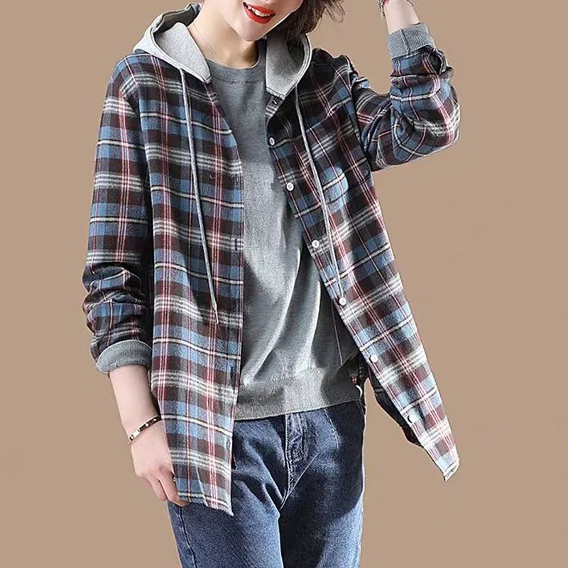 Top Trends: 2023 Spring And Autumn Women's Fashion Commuter Hooded Plaid Shirt Mid Length Spliced Cotton Shirt Versatile Comfortable Coat Shoppable Styles