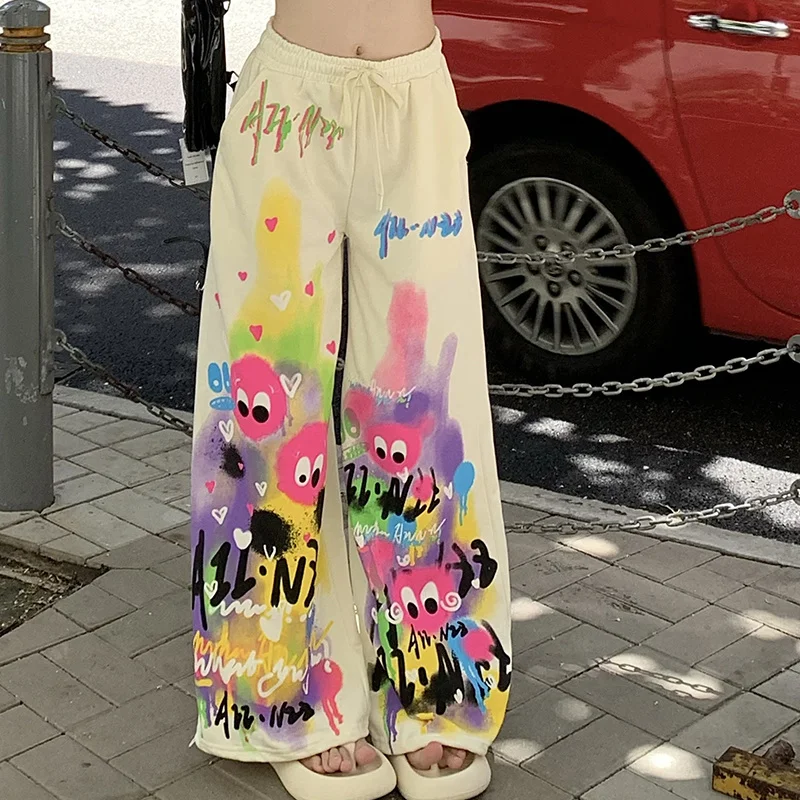 Top Trends: Kawaii Cute Dopamine Graffiti Casual Pants Women Tie Dye Summer Elastic High Waiste Drawstring Pockets Loose Wide Leg Trousers Shoppable Styles