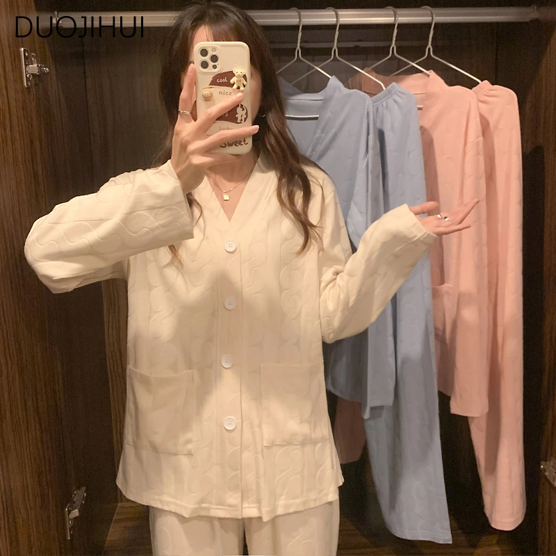 Top Trends: DUOJIHUI Two Piece Sweet Casual Home Pajamas For Women Autumn V-neck Chicly Cardigan Simple Fashion Pant Basic Female Sleepwear Shoppable Styles