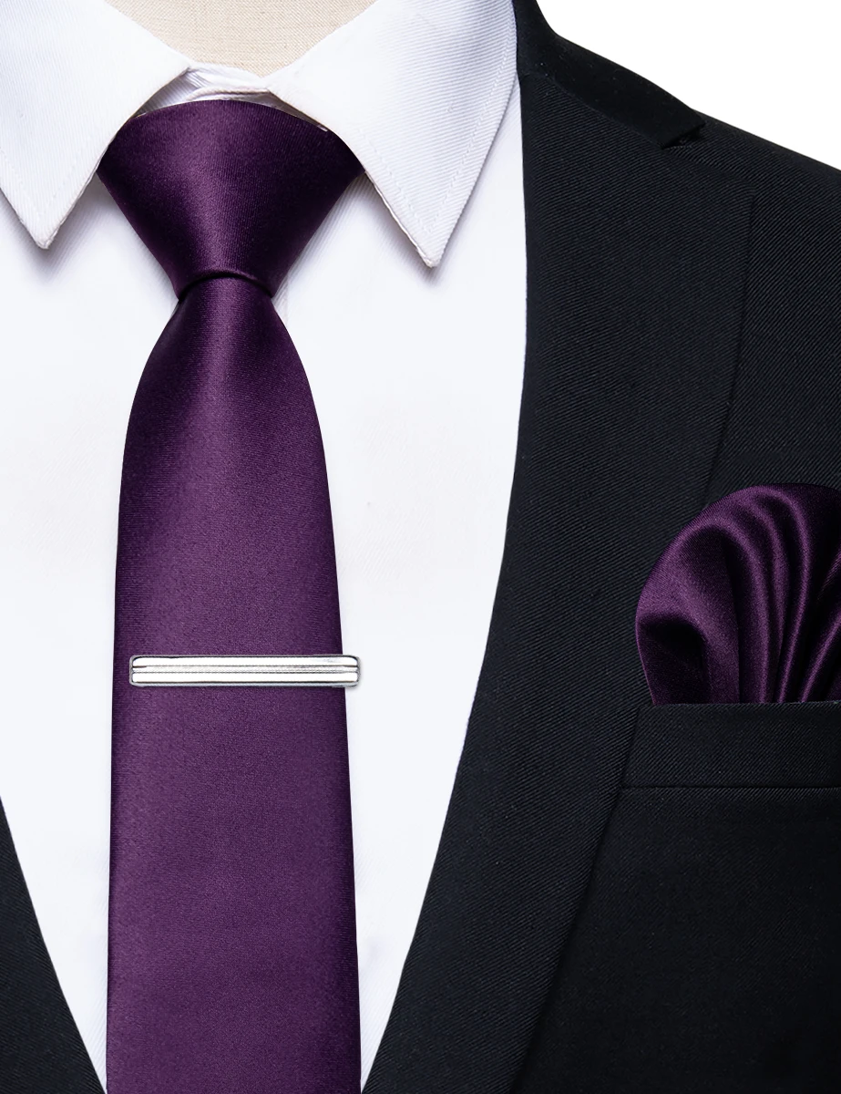 Top Trends: Dark Purple Solid Men&#039;s Tie With Pocket Square Clip Set Classic Luxury Silk Necktie For Man Accessories Corbatas Para Hombre Shoppable Styles