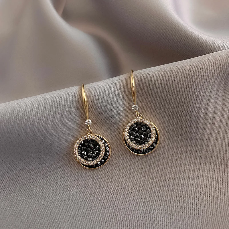 Top Trends: Vintage Fashion Black Crystal Round Pendant Earrings For Women Korean Jewelry Wedding Party Girls Luxury Zircon Drop Earrings Shoppable Styles