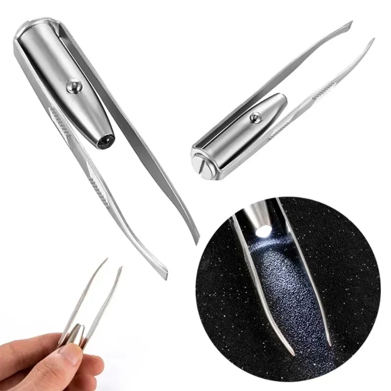 Top Trends: Professional Stainless Steel Makeup LED Light Slant Tip Hair Removal Eyelashes Eyebrow Tweezers Makeup Tool With Battery Shoppable Styles