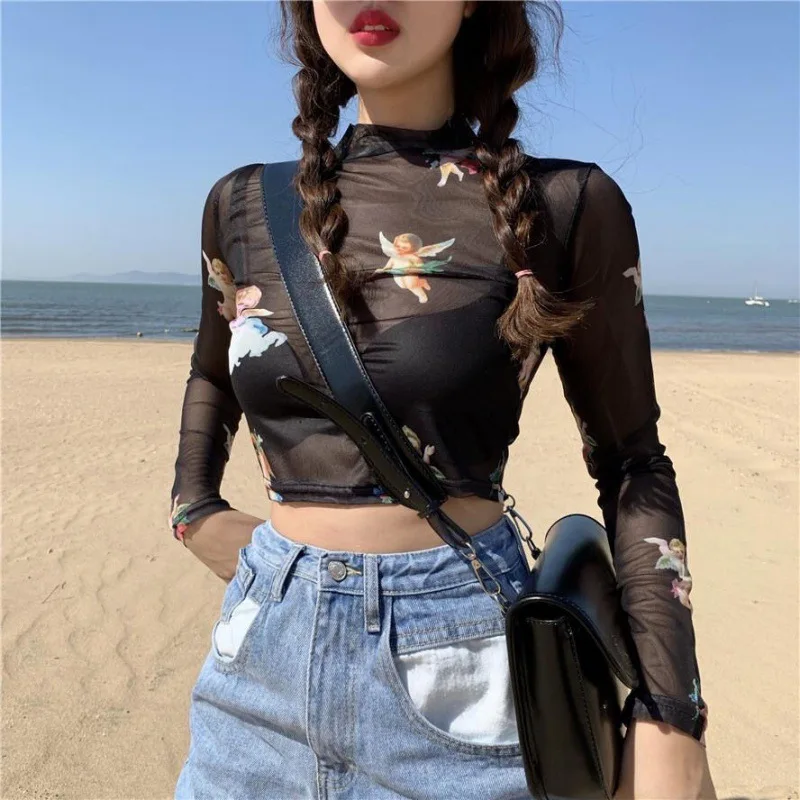 Top Trends: Gothic Print Long Sleeve T-Shirt Women Slim Transparent Mesh Crop Tops Y2K Aesthetic Summer Streetwear 90s Vintage Punk Tees Shoppable Styles