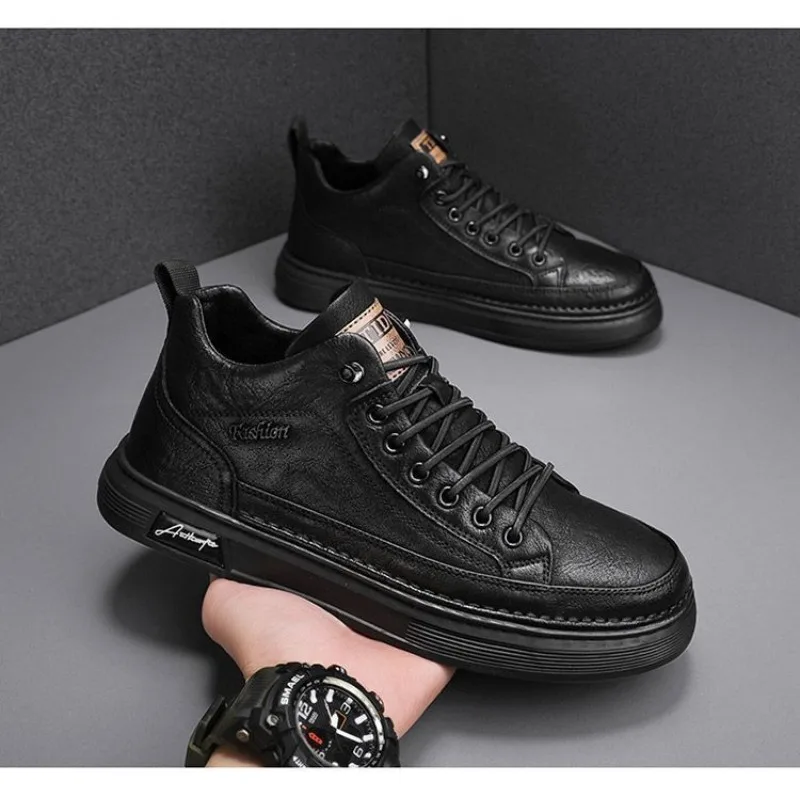 Top Trends: Men Casual Leather Boots 2023 Fashion High Top Men Shoes Trendy Black Sports Leather Shoes Platform Ankle Boots Tênis Masculino Shoppable Styles