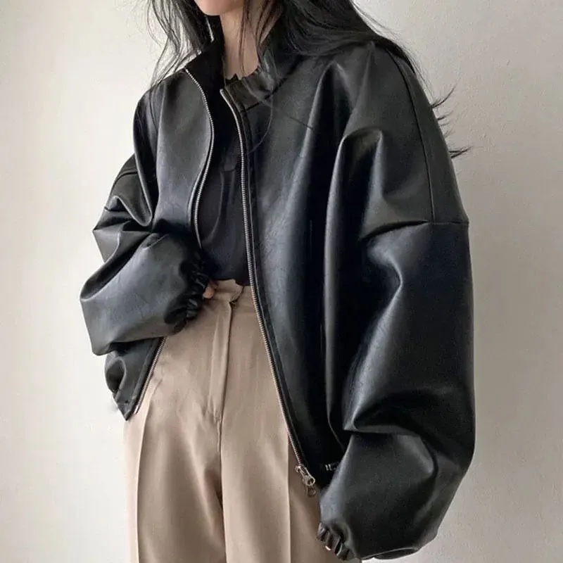 Top Trends: Deeptown Korean Style Short Leather Jacket Women Chic And Elegant Vintage Harajuku Fashion Crop PU Racing Jackets Streetwear Shoppable Styles