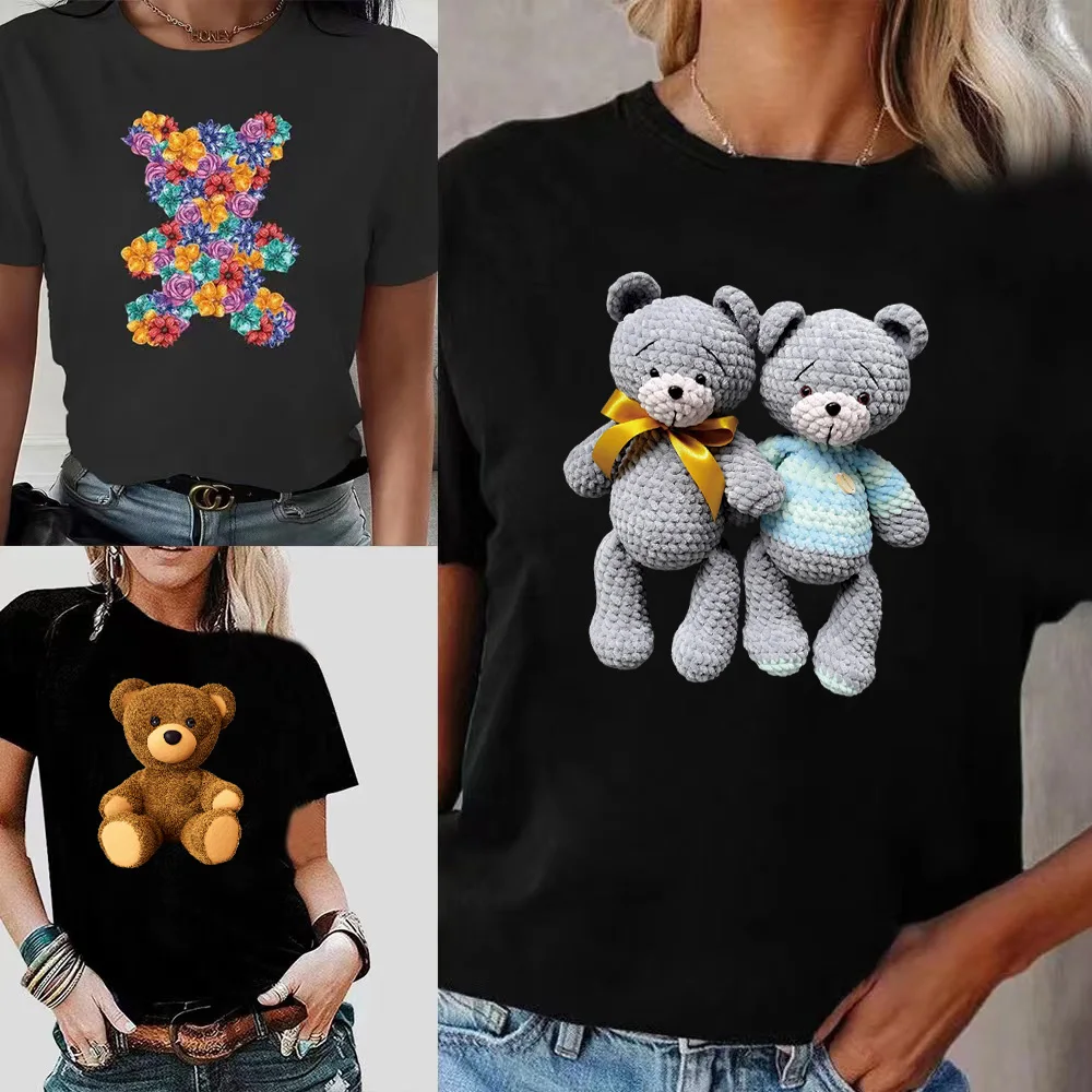 Top Trends: Fashion Bear Print Women T-Shirt Harajuku Round Neck Casual Loose Short Sleeve Summer Slim Soft Tops Clothing Hip Hop Streetwear Shoppable Styles