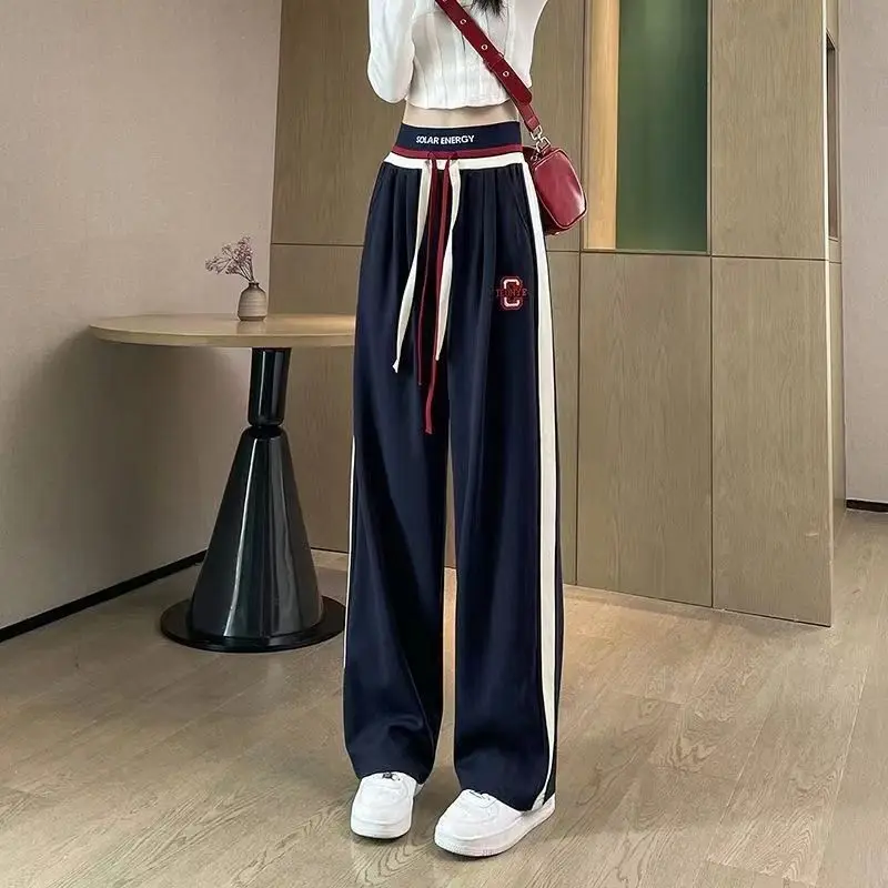 Top Trends: Fashion High Waist Straight Pants Spring Autumn New Drawstring Contrast Striped Loose Wide Leg Pants Casual Trend Women Clothing Shoppable Styles