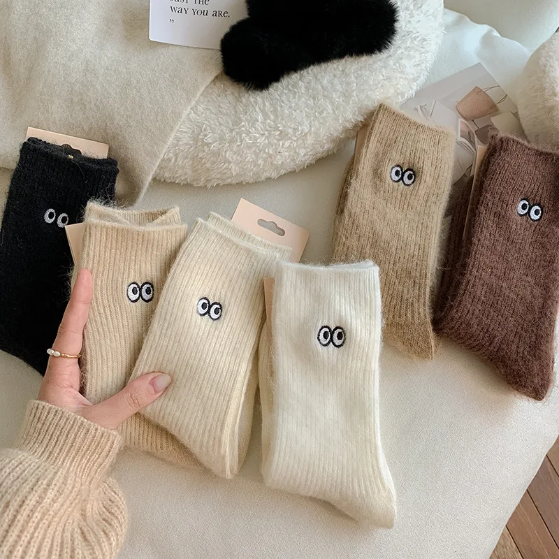 Top Trends: 2022 New Winter Warm Women Socks Thicken Wool Socks Eye Embroidery Japanese Fashion Long Socks Harajuku Happy Funny Cute Socks Shoppable Styles