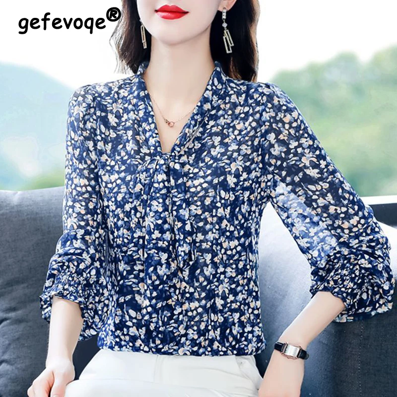 Top Trends: Women Korean Fashion Print Bow Lace Up Elegant Blouses Spring Autumn Office Lady Casual Chic Shirts V Neck Long Sleeve Tops Ropa Shoppable Styles