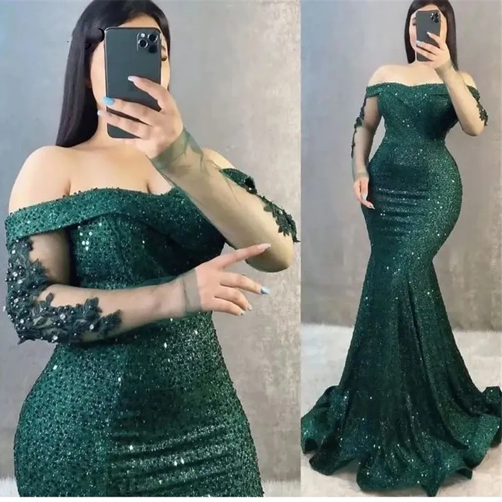 Top Trends: Sparkly Sequin Green Mermaid Evening Dresses Off Shoulder Long Sleeves Applique Arabic Women Formal Plus Size Prom Gowns Custom Shoppable Styles