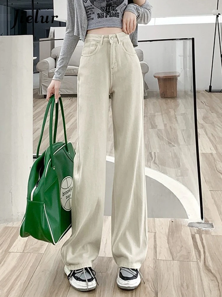 Top Trends: Jielur Simple High Waist Slim Loose Women Jeans Chic Streetwear Straight Full Length Casual Fashion Female Wide Leg Pants Pocket Shoppable Styles