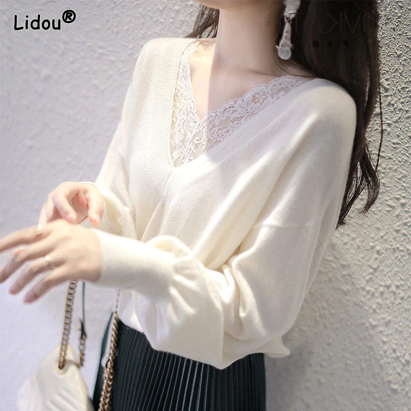 Top Trends: 2023 New Spring And Autumn Elegant And Gentle Style Lace V-neck Lantern Sleeves Loose And Versatile Solid Color Pullover Sweater Shoppable Styles