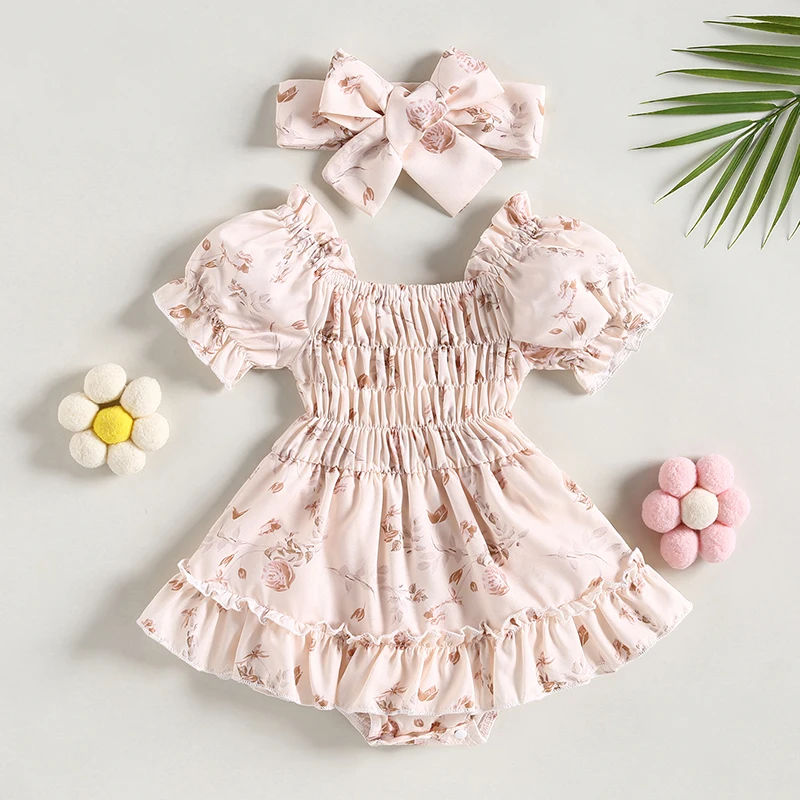 Top Trends: Summer Baby Girls Romper Dress Puff Sleeve Off-shoulder Pleated Flower Print A-line Jumosuit With Bowknot Headband Kids Clothing Shoppable Styles