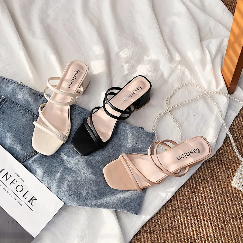 Top Trends: Women Sandals Ladies Square Heels Elegant Summer Slippers Outside Cross Tied Leather Female Slides 2023 Fashion Woman Sandals Shoppable Styles