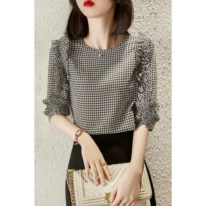 Top Trends: 2022 Spring Fashion Casual Korean Houndstooth Ruffles Chiffon Blouse Women Round Neck Half Sleeves Sweet Lattice Oversized Top Shoppable Styles