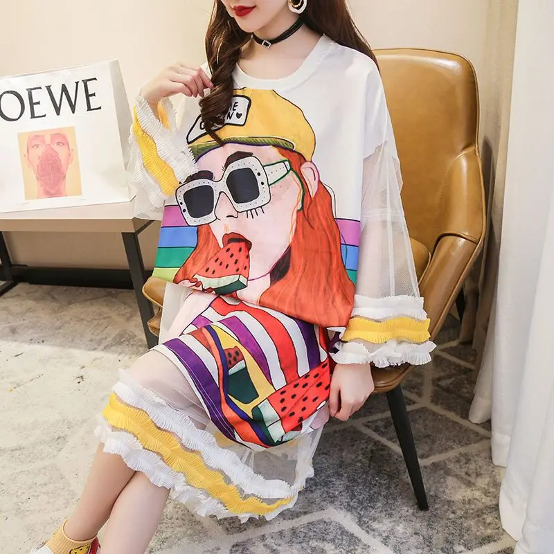 Top Trends: 2023 New Summer Fashion Trend Foreigner Print Round Neck Lace Panel Casual Loose Oversize Over Knee Mid Length T-shirt Skirt Shoppable Styles