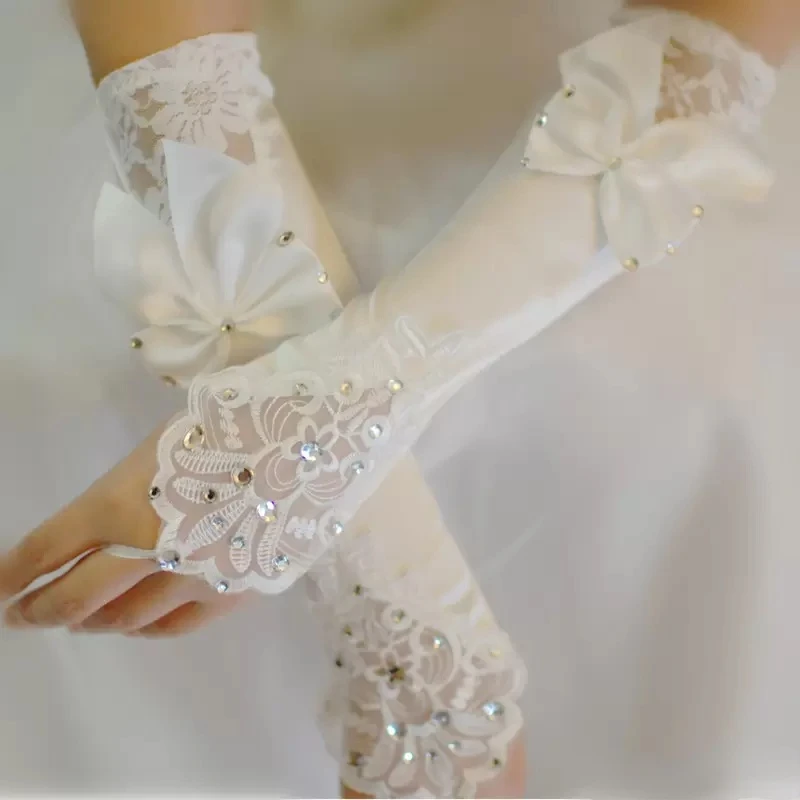 Top Trends: Ivory Satin Bridal Gloves Beads Lace Cheap Fingerless Long Ladies Dress Glove Bow Fast Shipping Wedding Accessories Bride Gloves Shoppable Styles