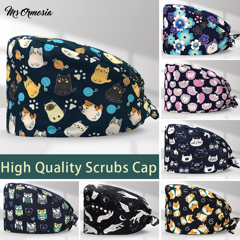 Top Trends: New Fashion Pure Cotton Cartoon Print Hat Adjustable Work Cap Beauty Salon Nursing Cap Male Surgical Hat Wholesale Scrub Caps Shoppable Styles