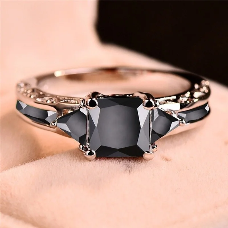 Top Trends: Delicate Silver Color Trendy Ring For Women Elegant Princess Cut Inlaid Black Zircon Stones Wedding Ring Engagement Jewelry Shoppable Styles