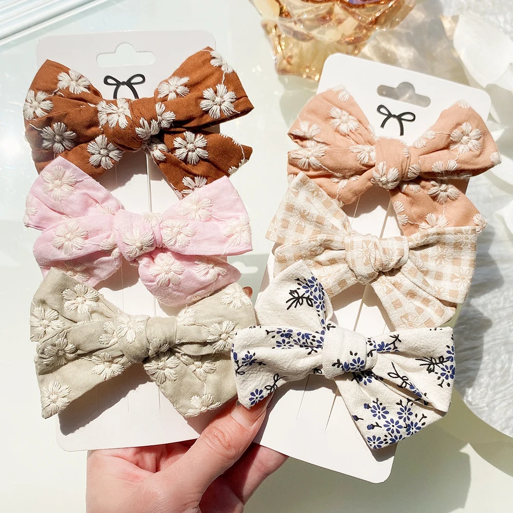 Top Trends: 2Pcs / Set Baby Girls Sweet Flower Print Bowknot Hair Clips Cotton Bows Hairpins Barrettes Headwear Kids Hair Accessories Gifts Shoppable Styles