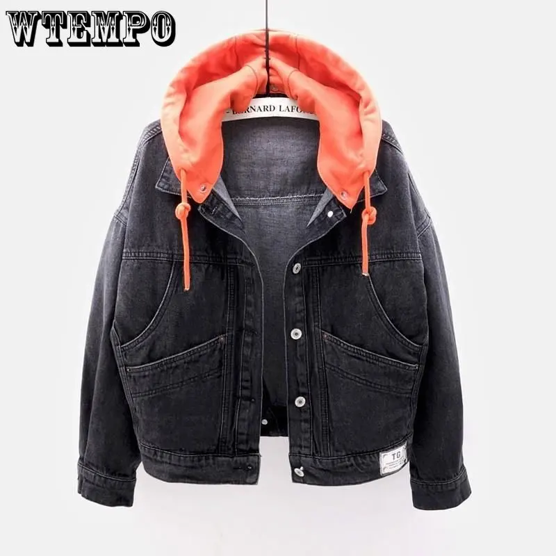 Top Trends: WTEMPO Women Spliced Hoodie Drawstring Long Sleeve Denim Coat Button Down Hoody Blue Black Jean Spring Autumn Outwear Shoppable Styles - Image 4