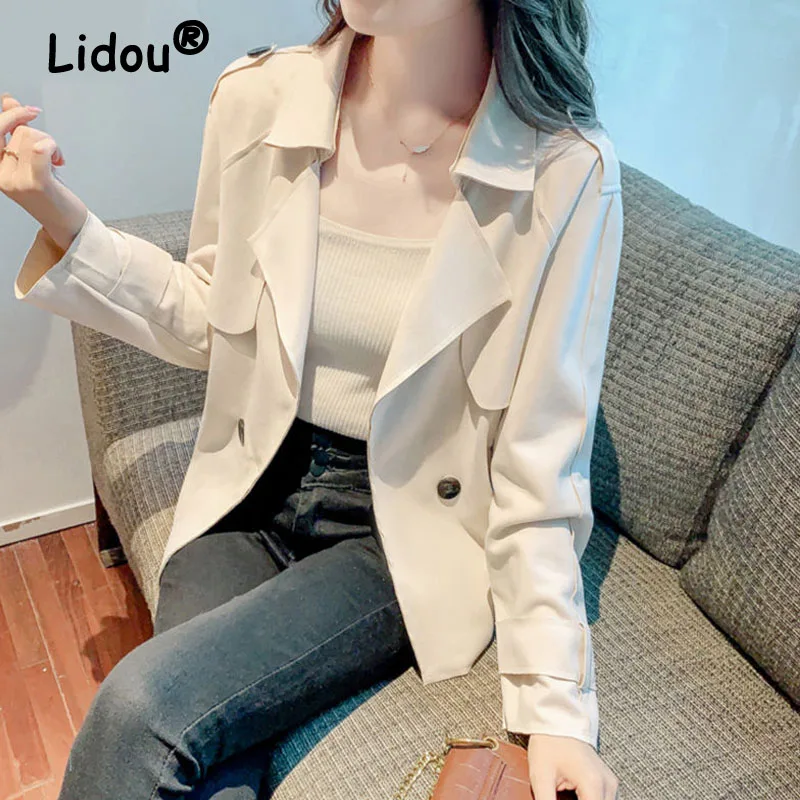 Top Trends: Autumn Winter Loose Office Lady Windbreaker Style Short Coat Black Two Buttons Turn-down Collar Thick Pleat Long Sleeve Ladies Shoppable Styles