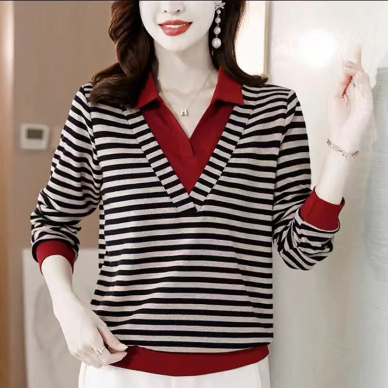 Top Trends: Fashion Lapel Striped Fake Two Pieces Blouse Women&#039;s Clothing 2023 Autumn New Casual Pullovers Tops Loose Commute Shirt Shoppable Styles