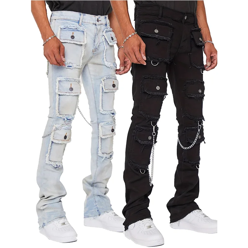 Top Trends: Mens Stacked Jeans Joggers Pants High Street Mult Pockets Men Jeans Slim Fit Denim Jeans Trousers Shoppable Styles