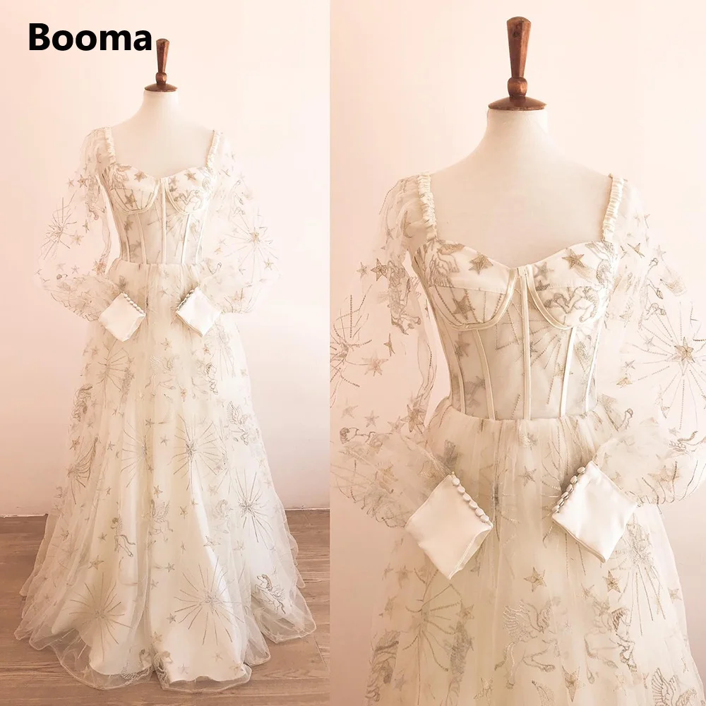 Top Trends: Booma Fairy Constellation Embroidery Tulle Maxi Prom Dresses Sweetheart Long Sleeves Illusion A-Line Wedding Party Dresses Shoppable Styles