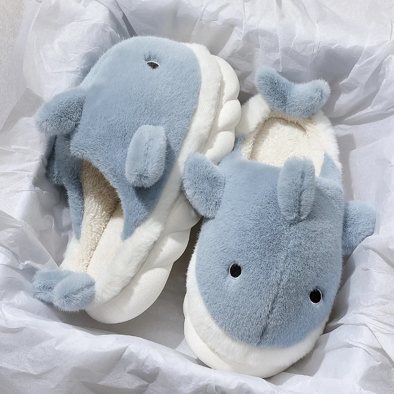 Top Trends: Funny Animal Shark Cotton Slippers Women's Thick Soles Home Slipper 2022 Winter New Warm Non Slip Lovely Plush Couple Slippers Shoppable Styles