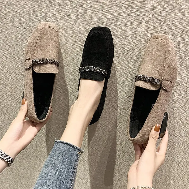 Top Trends: 2022 Autumn Winter Women Loafers Low Heels Boat Shoes Square Toe Dress Shoes Chain Faux Suede Plush Warm Ladies Shoes Plus Size Shoppable Styles