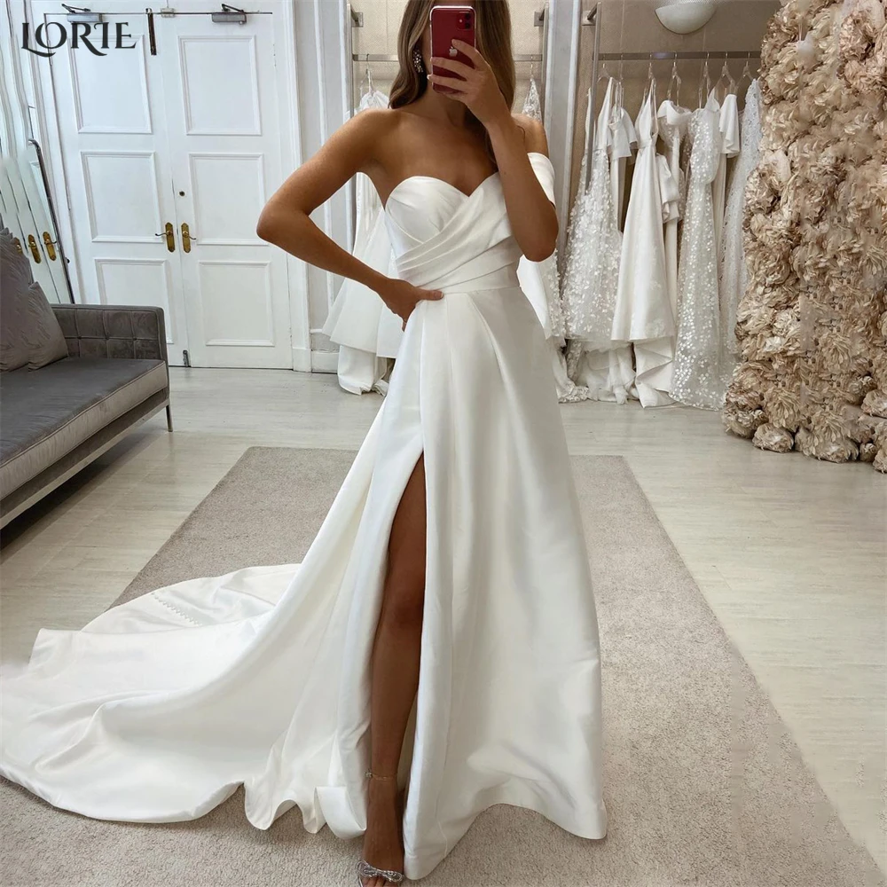 Top Trends: LORIE Luxury Solid Wedding Dresses One Shoulder Side Slit Satin A-Line Evening Prom Dress Shiny Off Shoulder Pleated Bride Gowns Shoppable Styles