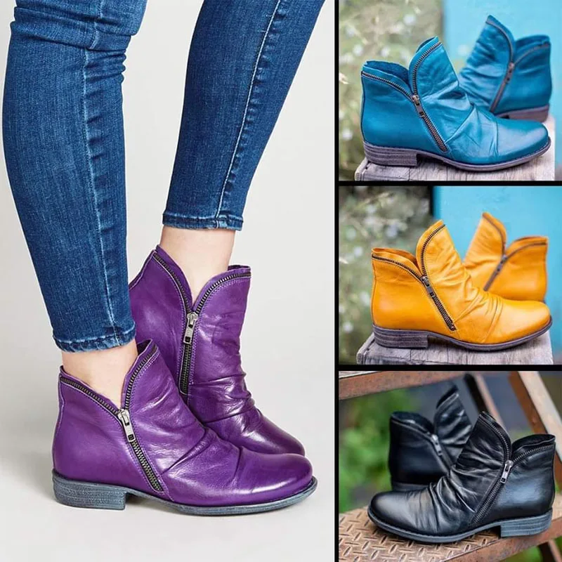 Top Trends: Fashion Purple Blue Ankle Boots Woman Autumn Casual Flat Pu Leather Short Booties Ladies Metal Zip Deco Pleated Design Botas Shoppable Styles