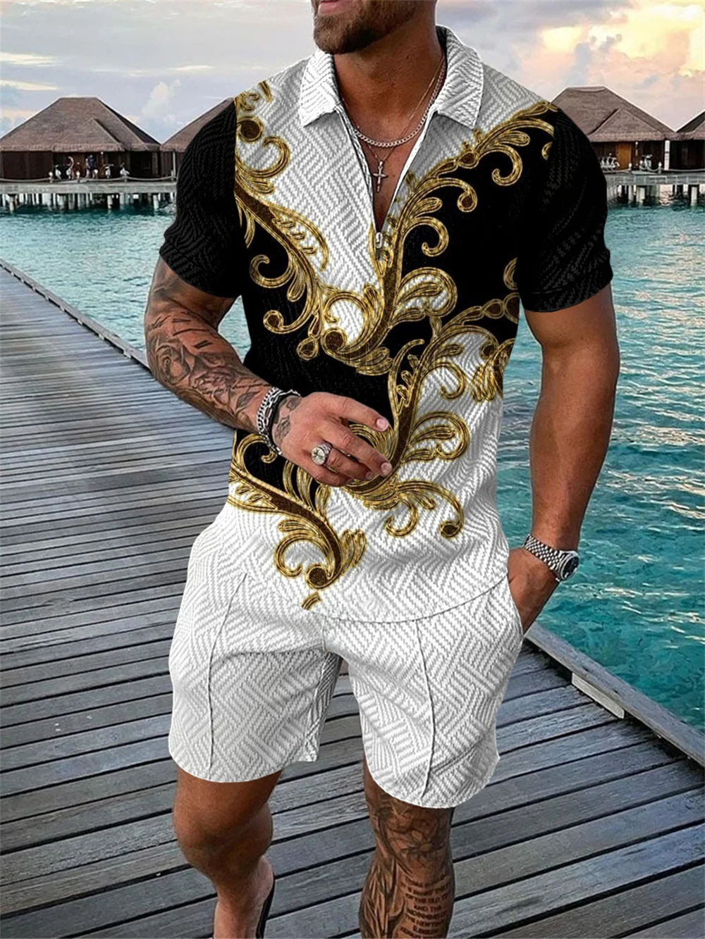 Top Trends: Summer Hot Selling Men's Printed Pattern Short Sleeve POLO Shirt Set Street High Quality Casual Jogging Sports Men's Set Shoppable Styles