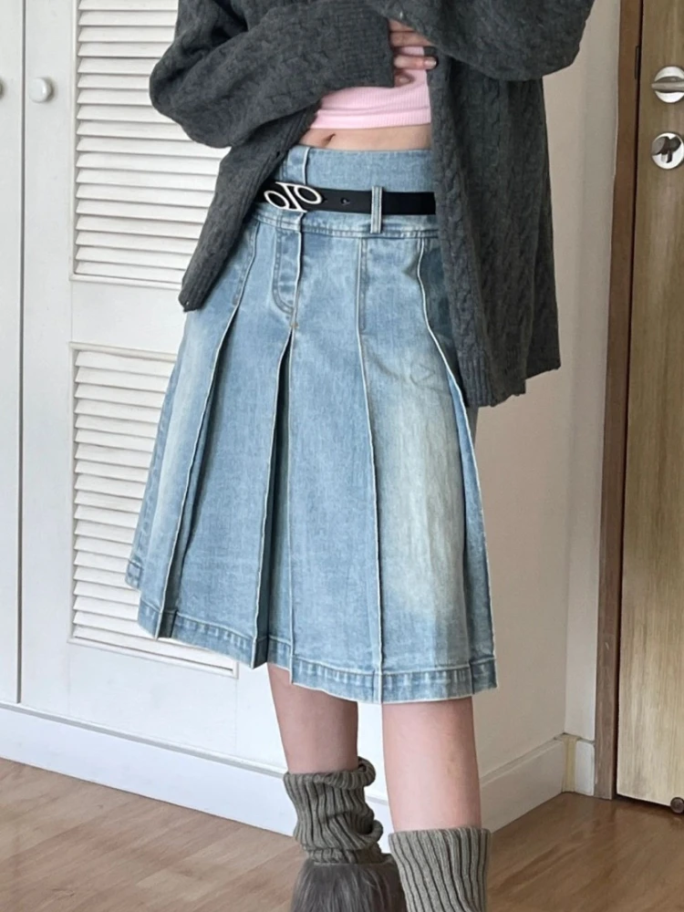 Top Trends: HOUZHOU Pleated Denim Skirt Women Korean Fashion Vintage High Waist Knee-Length A-line Midi Skirt Casual Y2k Streetwear Autumn Shoppable Styles