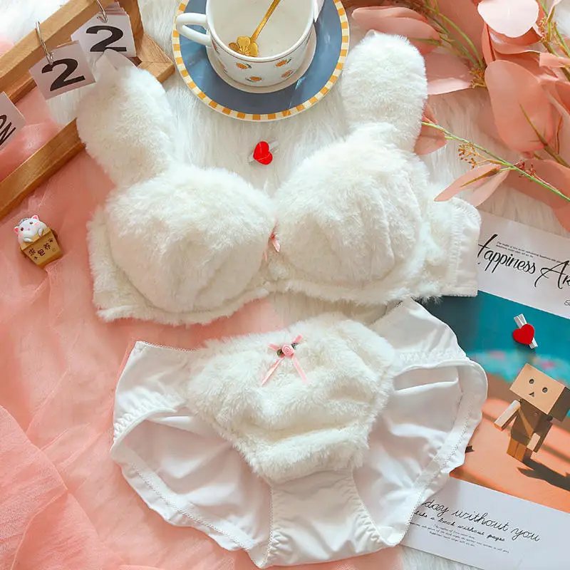 Top Trends: Plush Underwear For Teenage Girls Large Size Female Cat Cute No Steel Ring Gathered Bra Set Comfortable Warm Linegerie Panty Sui Shoppable Styles