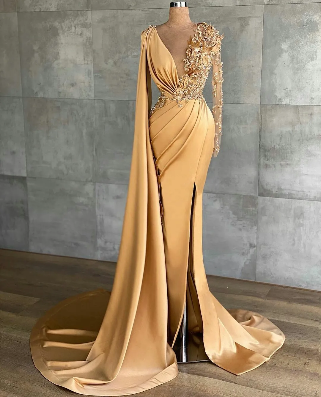 Top Trends: BridalAffair 2023 Gold Mermaid V Neck Lace Applique Long Sleeve Prom Dress Beaded Black Girl African Evening Gown Robe De Soirée Shoppable Styles