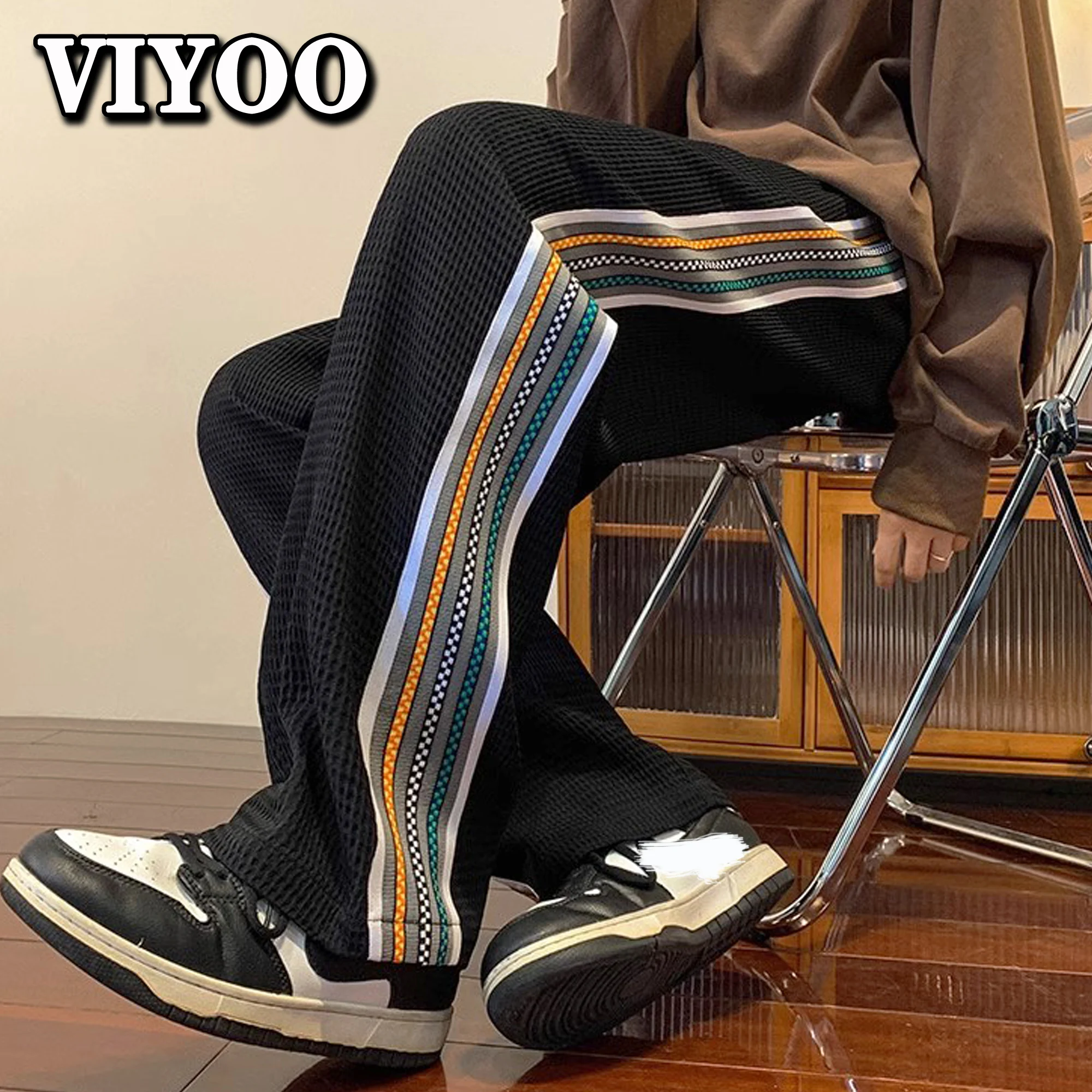 Top Trends: Men's Y2K Knitted Cargo Pants Sweatpants Striped Patchwork Wide Leg Workwear Trousers Baggy Jogger Sports New Pants For Men Shoppable Styles